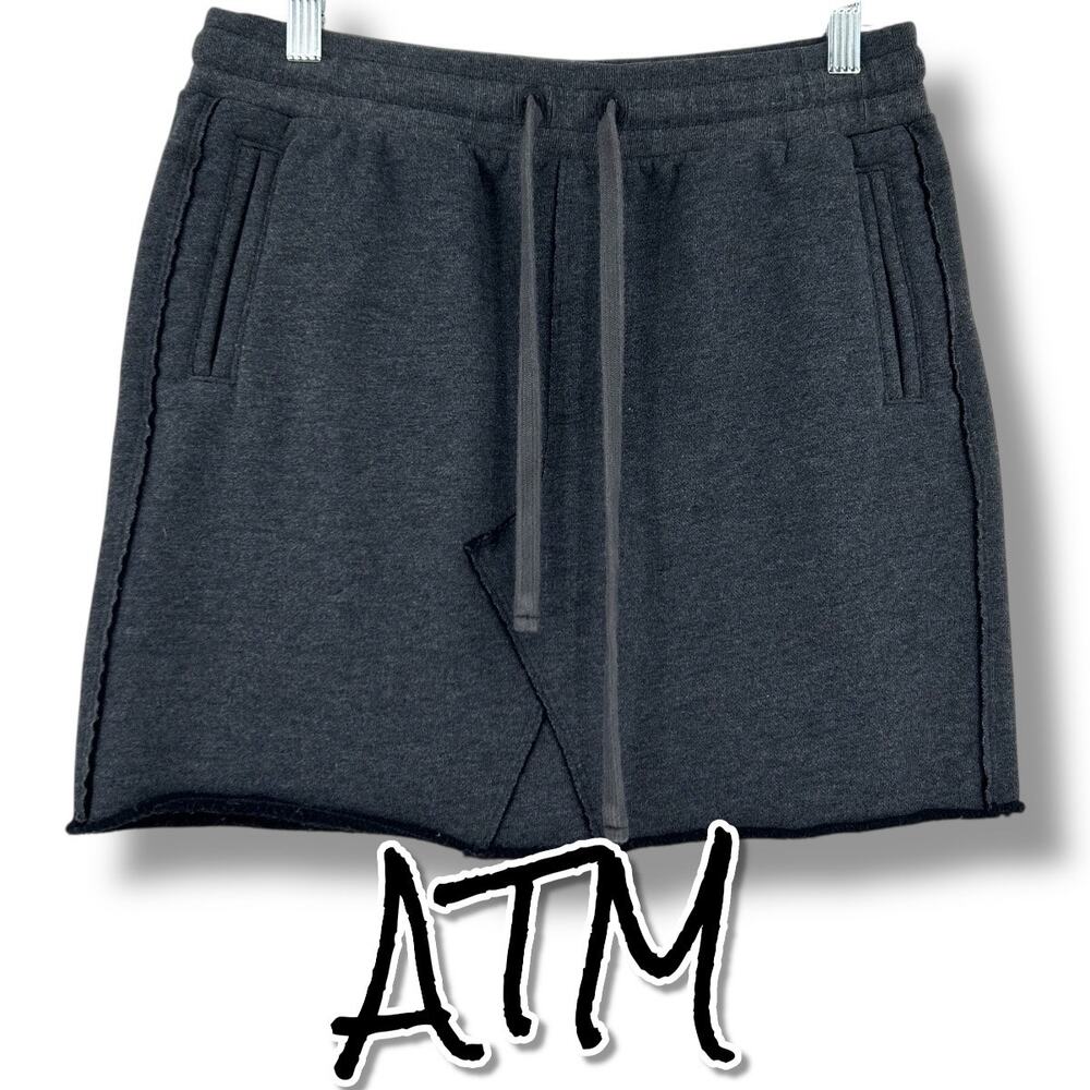 ATM Gunmetal Drawstring French Terry Pull-On Mini Skirt Raw Edge Womens Sz M